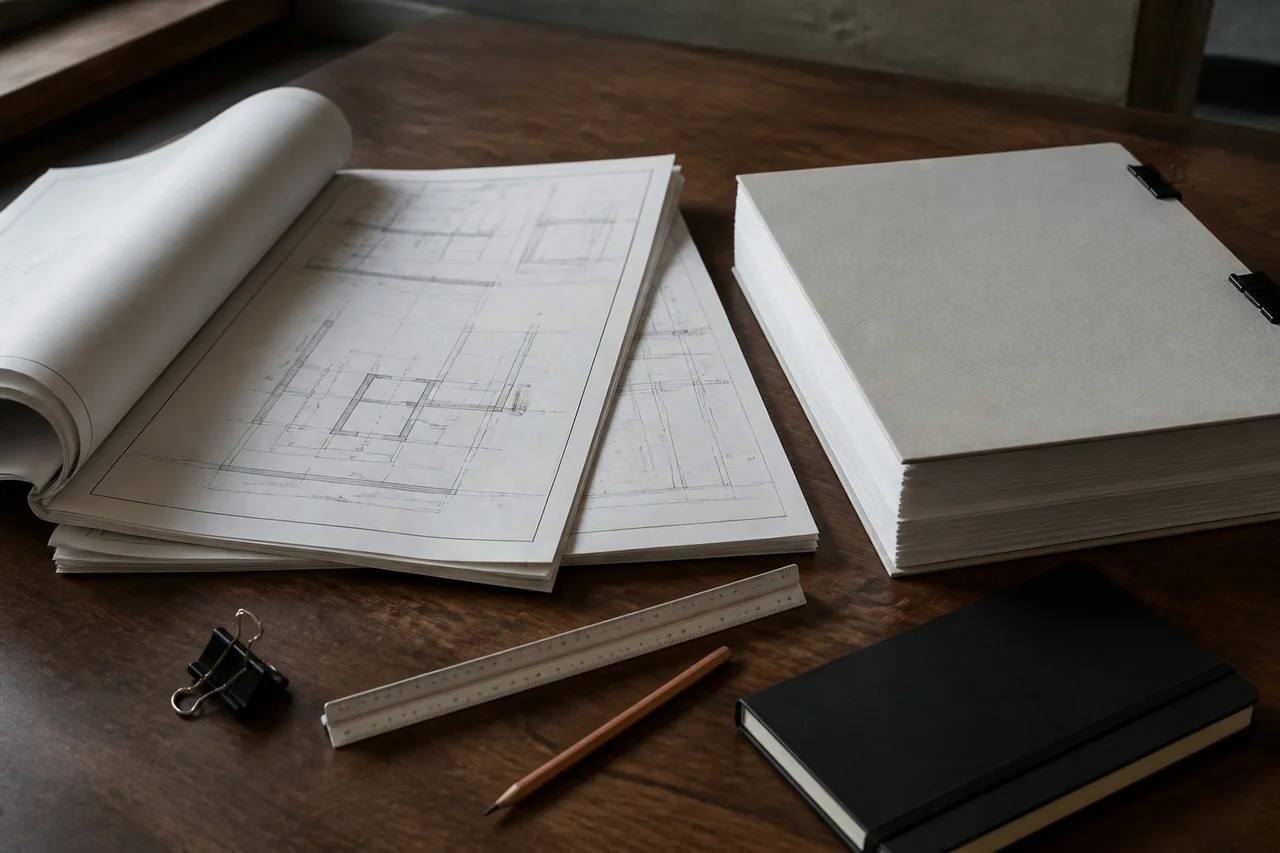 An open drawing set, a clipped stack of pages with a plain cover, a scale, a pencil, and a notebook on a wooden worktable