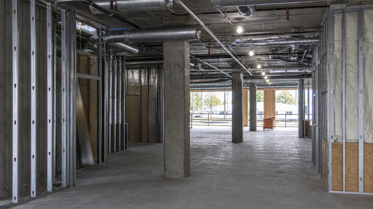 An unfinished commercial interior with exposed metal framing, concrete columns, ductwork, and conduit