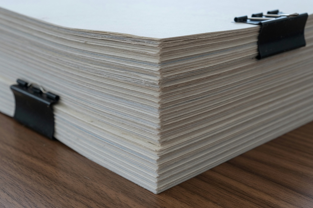 A thick clipped stack of paper on a wooden table
