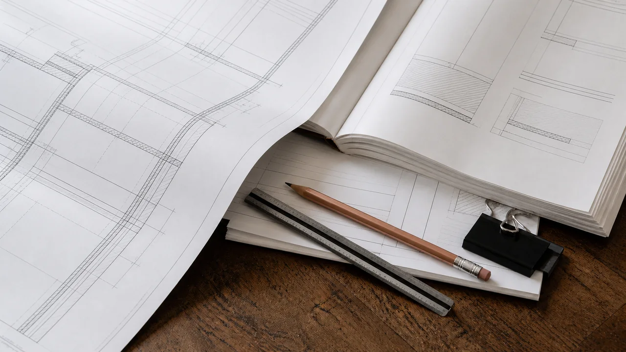 Drawing sheets on a wooden table with a bound book of drawn details open on top, a scale, a pencil, and a binder clip